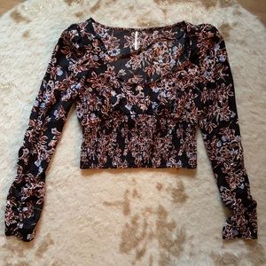 Free People Santiago Printed Smocked Boho Crop Top Blouse | NWOT
